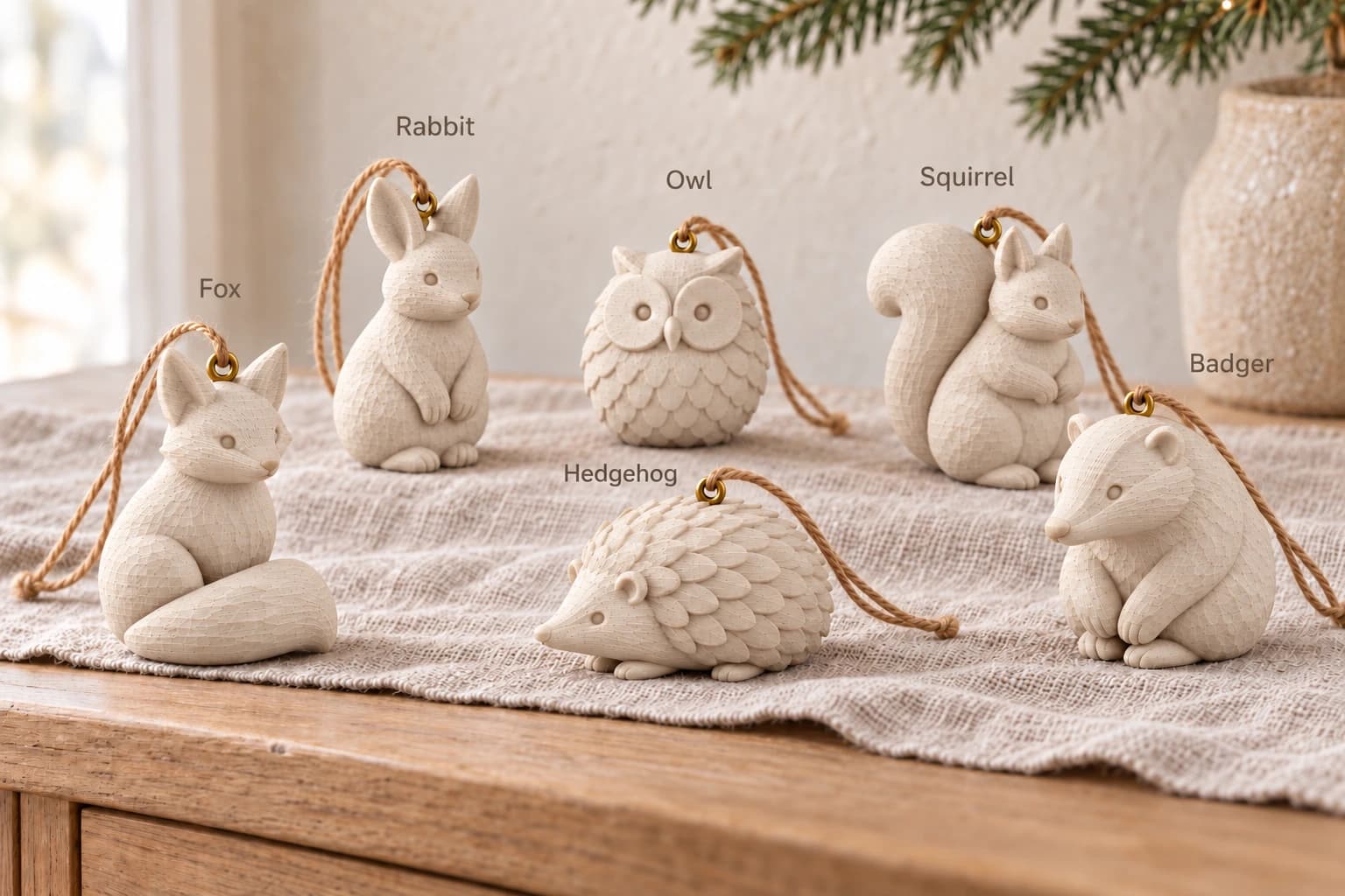 Fox, Rabbit, Owl, Squirrel, Hedgehog and Badger baubles in White Wood, with each animal labelled