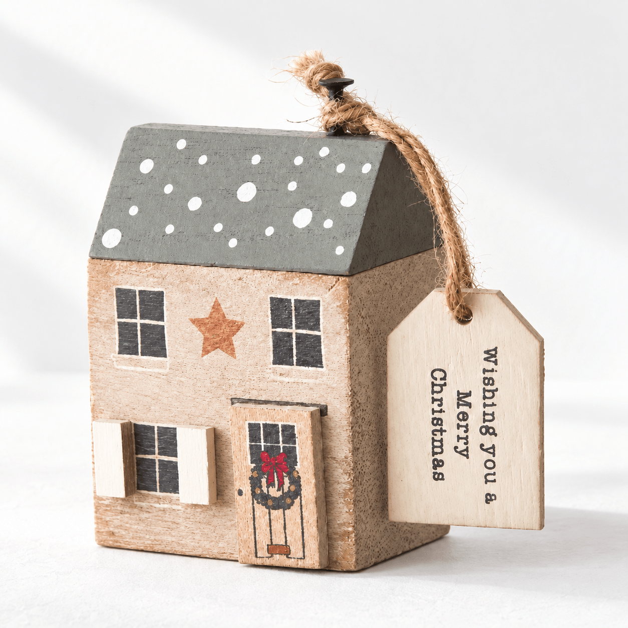 Merry Christmas Wooden House — Snowy Roof, 8cm