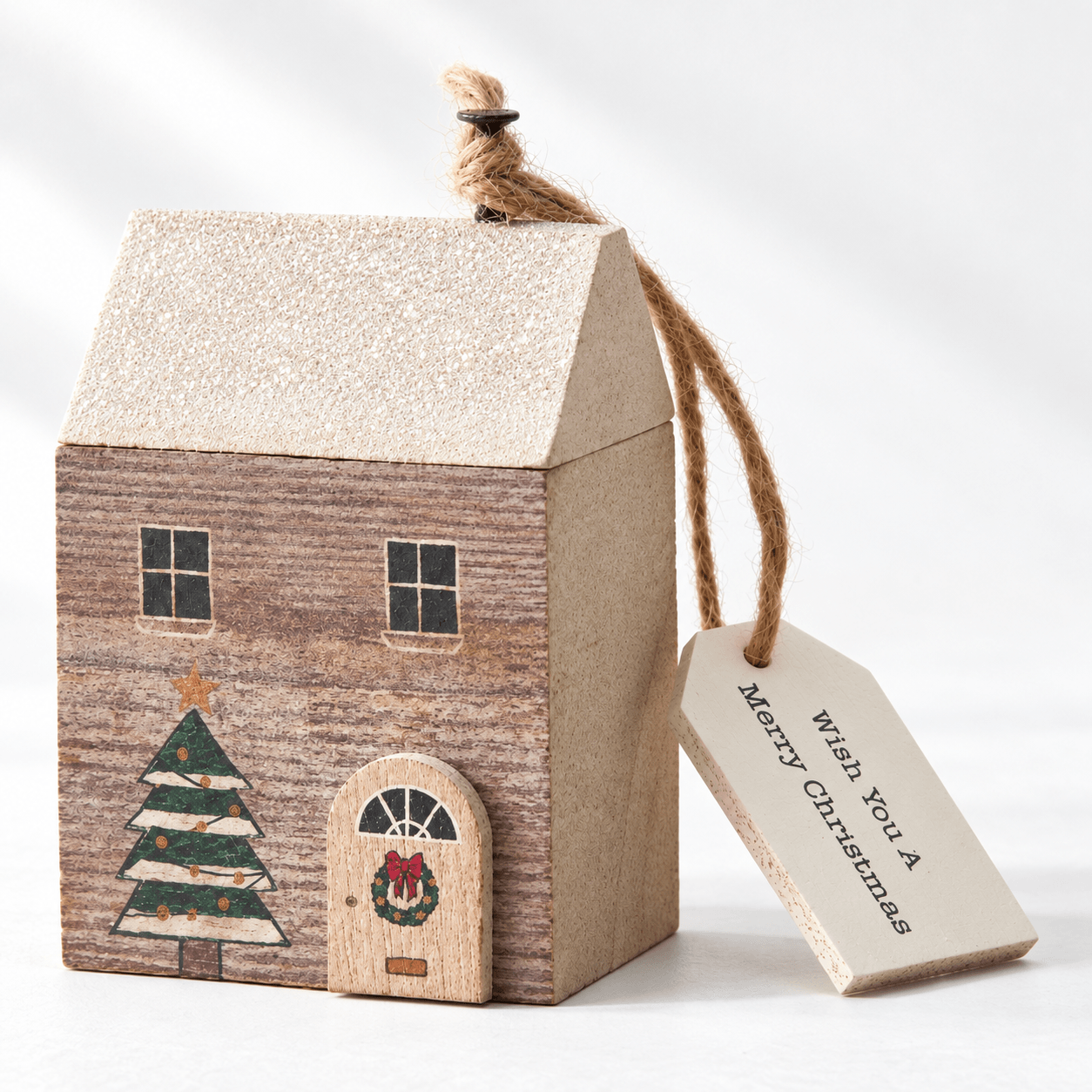 Merry Christmas Wooden House — Glitter Roof, 8cm